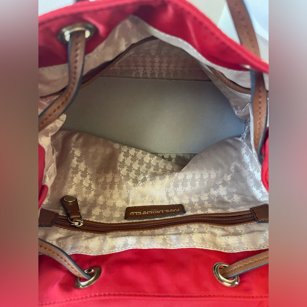 Karl Lagerfeld Cherry Red Backpack with Brown Accents EUC - Picture 6 of 9
